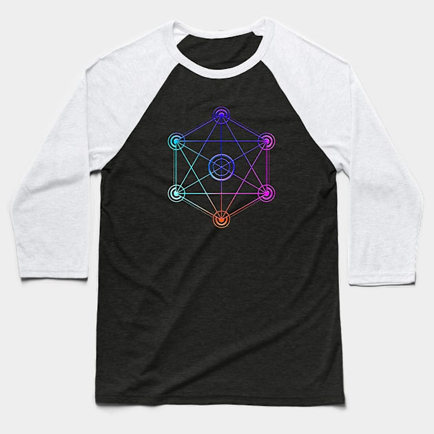 Neon Geometric Glyph Mandala Sigil Rune Sign Seal Cool Blue and Violet  - 366 Baseball T-Shirt by Holy Rock Design